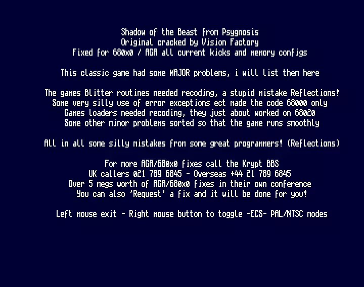 Shadow of the Beast Fixed for 680x0 / AGA (1996) by Fairlight