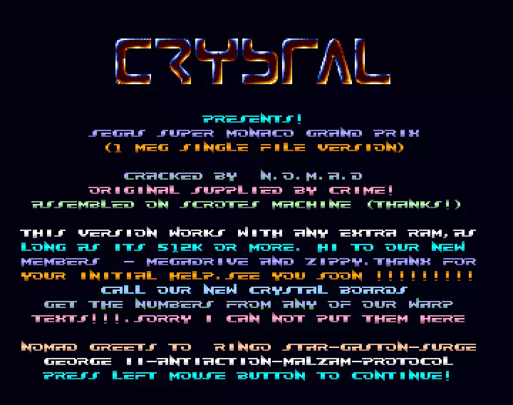 Super Monaco Grand Prix 1mb Single Filed by Crystal